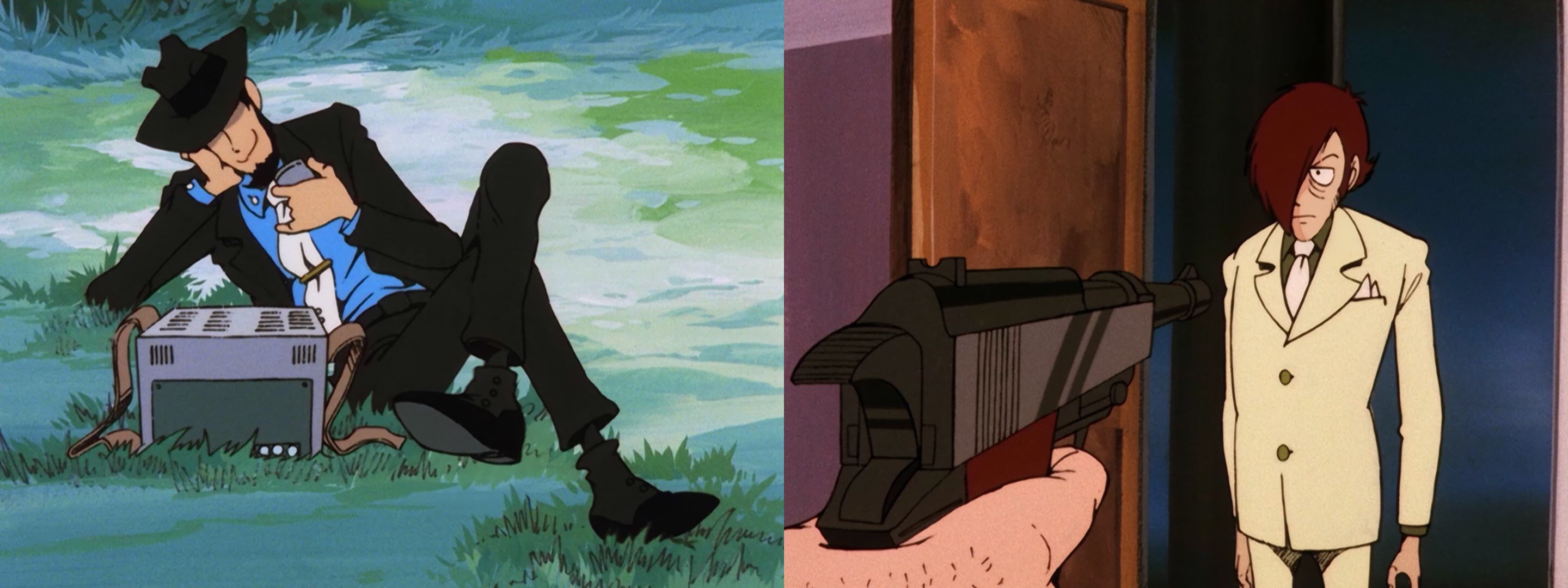Sulla sinistra: la prima apparizione di Jigen dal primo episodio della serie. La posa è scomposta e rilassata, nessun segno di tensione nonostante lui e Lupin stiano per mettere in atto un piano piuttosto spericolato. In una conversazione con Ōtsuka, Ōsumi ha rivelato di aver usato spesso questa posa come esempio del proprio lavoro nelle conferenze che si è ritrovato a tenere negli anni. Sulla destra: un’inquadratura in prima persona di Lupin che punta la sua Walther P38 contro Pycal nel secondo episodio. Dettagli ormai divenuti iconici come le armi e i veicoli usati da Lupin nel manga erano piuttosto generici e sono stati in realtà definiti per la prima volta solo nell’anime.