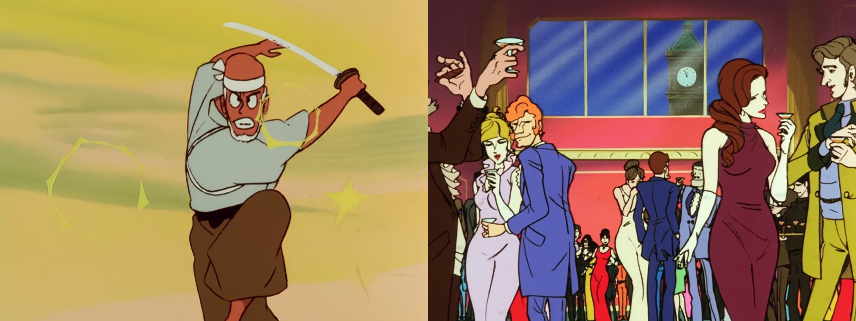 A sinistra: uno degli avversari di Lupin nell’episodio 7 lo insegue all’impazzata parando i suoi colpi con la spada. Alcune di queste scene potrebbero essere state leggermente ritoccate rispetto ai piani iniziali. A destra: la serata di gala con cui si apre l’episodio 8. L’ambientazione aristocratica richiama le storie originali di Leblanc a cui Takahata voleva rifarsi, ma non è detto che questa scena nello specifico sia stata ideata da lui. Lo stile di disegno dei personaggi è molto diverso da quello visto sia negli episodi precedenti che da quanto si vedrà in quelli successivi, non è quindi perfettamente chiaro chi sia il disegnatore di questo cut.