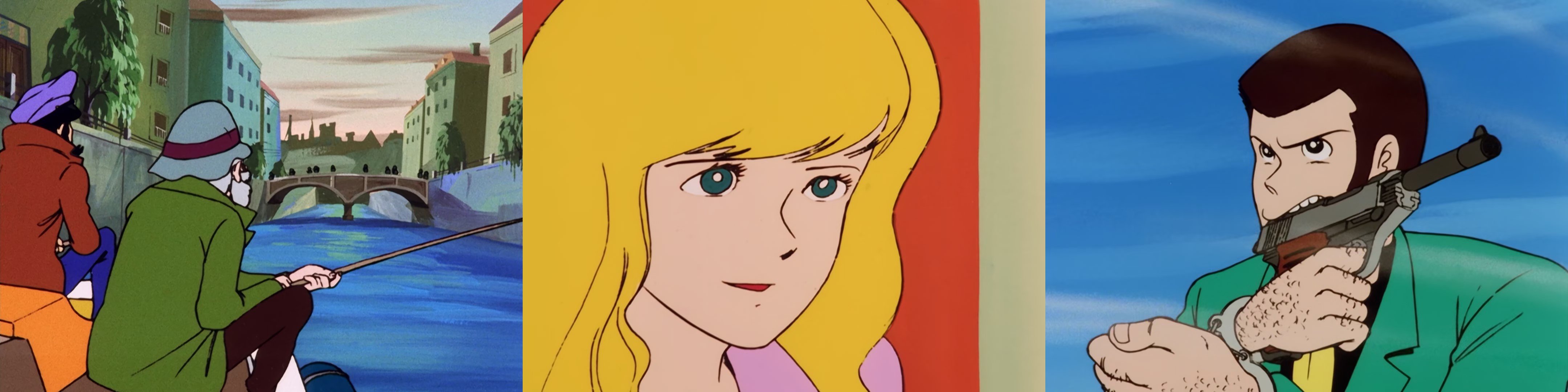 A sinistra: uno scorcio dell’ambientazione vagamente europea dell’episodio 11. Al centro: Lisa, la ragazza tenuta in ostaggio dal nemico senza nome dell’episodio. I tratti gentili del suo volto prefigurano le tante eroine che popoleranno le opere future di Miyazaki. A destra: l’iconica scena in cui Lupin con le mani ammanettate carica la pistola con i denti.