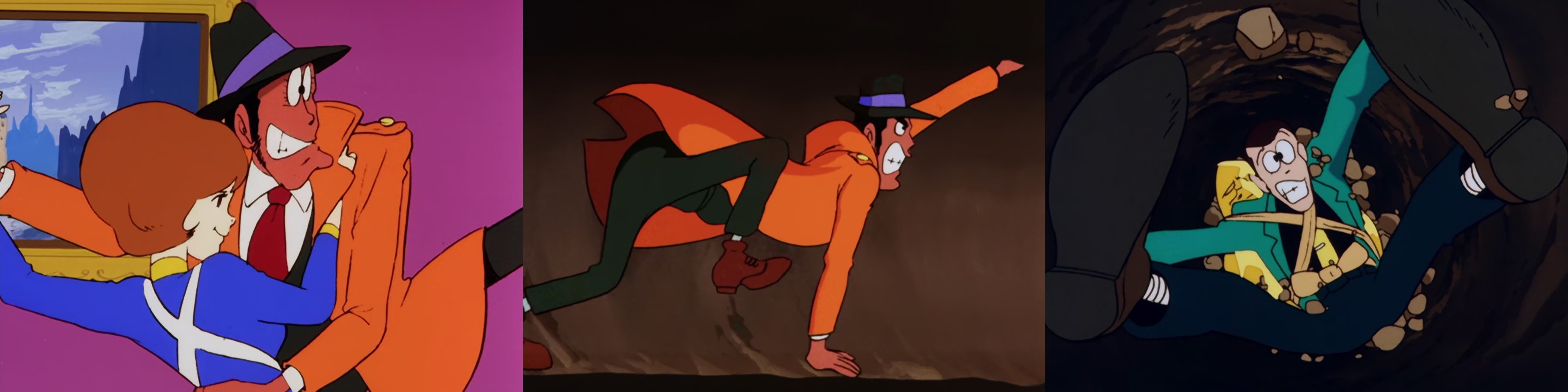 A sinistra: Fujiko e Zenigata dall’episodio 14 danzano in quella che è una delle scene più divertenti e meglio animate della serie. Caschetto, corpo più esile, vestiti meno audaci: la nuova Fujiko è un personaggio molto diverso sia nell’aspetto che nel carattere. Conserva ancora la sua indipendenza, mentre quel che ha perso in fascino misterioso lo ha compensato in grinta. Al centro: Zenigata nell’episodio 15 in una corsa impossibile per fermare Lupin. Miyazaki e Takahata hanno sensibilmente aumentato la presenza di Zenigata nella serie e lo hanno reso un vero e proprio terremoto. A destra: sempre dall’episodio 15, Lupin in trappola. Tanta della comicità della seconda metà della serie viene anche dal modo con cui vengono disegnati i corpi e i volti durante le disavventure dei personaggi.