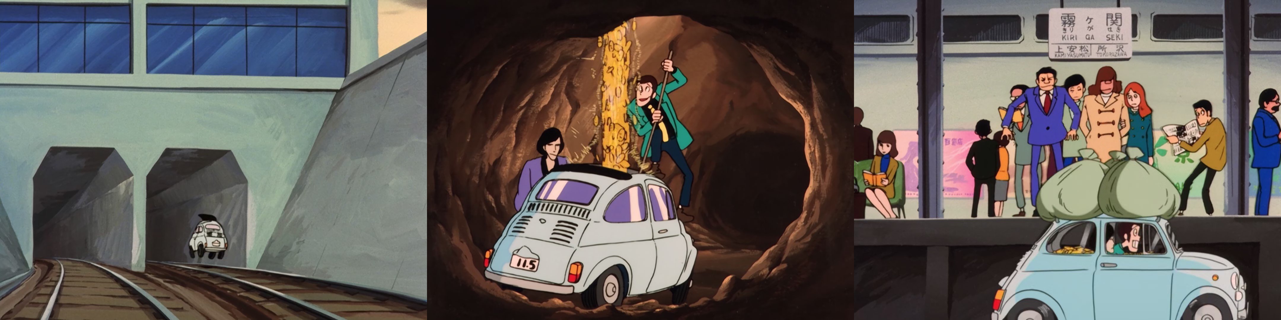 Carrellata di alcune delle scene più assurde dell’episodio 23 aventi per protagonista la Fiat 500. Sin dalla sua introduzione nell’episodio 16, la Fiat 500 è diventata praticamente un vero e proprio personaggio della serie. Il suo design semplice la rende più facile da disegnare e deformare a scopi comici, come si può vedere nel primo fotogramma a sinistra che la ritrae mentre spicca un salto impossibile.