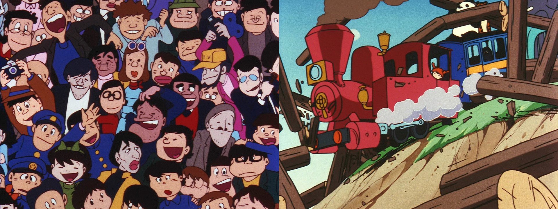 I due mediometraggi cinematografici della serie Panda! Go, Panda! sono usciti rispettivamente nel 1972 e nel 1973 per la regia di Takahata e storyboard, sceneggiatura e tanto altro ancora di Miyazaki. Entrambi contengono piccoli collegamenti con il loro lavoro su Lupin III Part 1. Il fotogramma di sinistra, proveniente da una delle scene finali del primo mediometraggio, nasconde tra la folla ritratta anche Lupin e Jigen travestiti da addetti della televisione, come nell’episodio 18 (cambiano però i colori dei loro vestiti!). Nello stesso fotogramma, in basso a destra con gli occhiali spessi, c’è anche Miyazaki stesso con suo figlio sulle spalle. Non si tratta degli unici camei presenti nella scena. Il secondo mediometraggio, Il circo sotto la pioggia, da cui proviene il fotogramma di destra, contiene invece un’intera sequenza di scene ed eventi al cui centro vi è il deragliamento di un treno che è simile, se non addirittura identica in alcune inquadrature e animazioni, a una sequenza analoga presente nell’episodio 21. Infine, in entrambi i film è presente Yasuo Yamada, doppiatore di Lupin III. Nel primo interpreta il personaggio del postino mentre nel secondo è uno dei membri del circo.
